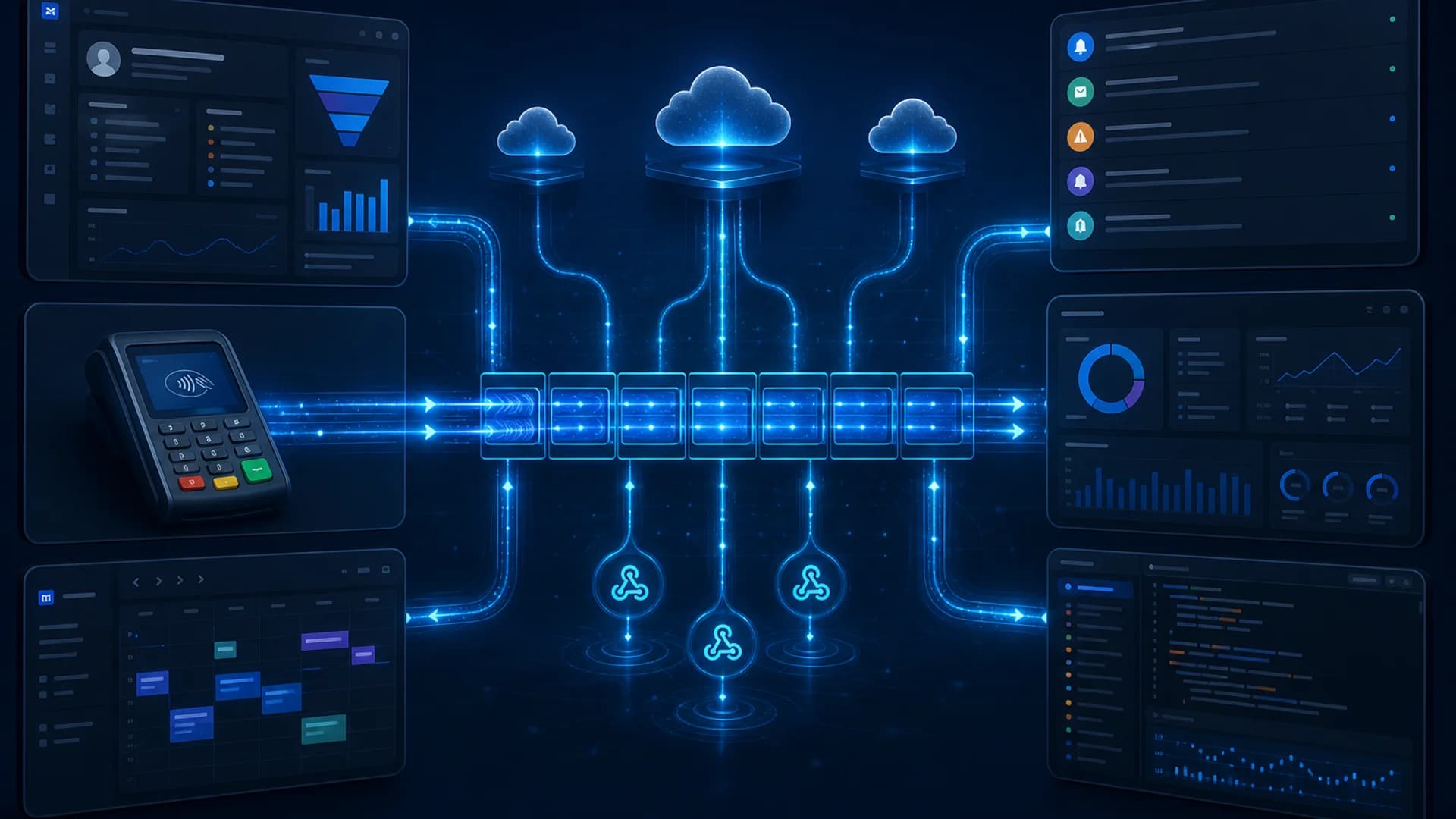 Event-Driven Architecture for Business Automation Event-driven architecture connecting business APIs, webhooks, message queues, and real-time automation workflows